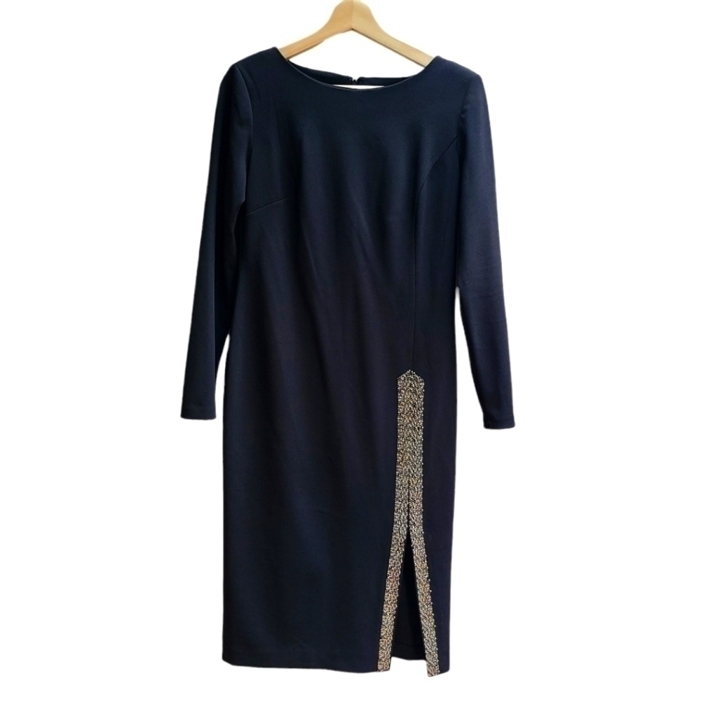 Calvin Klein Black Dress Dress with Crystal Detail, Front Slit, Size Small